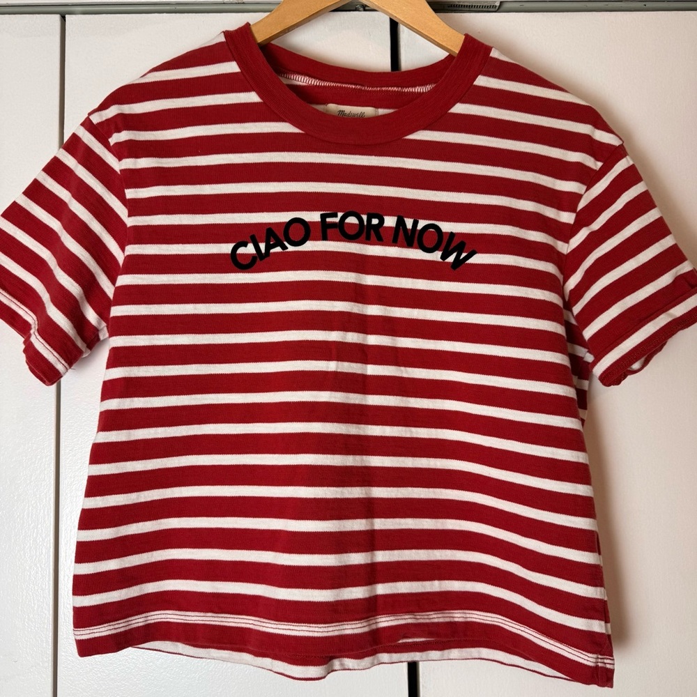 Madewell Red White Striped “Ciao For Now” Graphic Tee Boxy Crop Top Size S - Picture 2 of 5